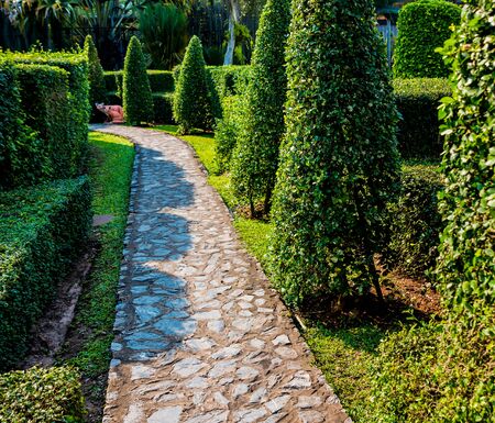 Luxury landscape design of the tropical garden. Beautiful view of landscaped tropical garden.の写真素材