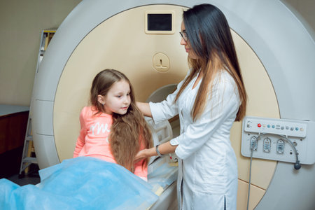 Medical equipment. Doctor and patient in MRI room