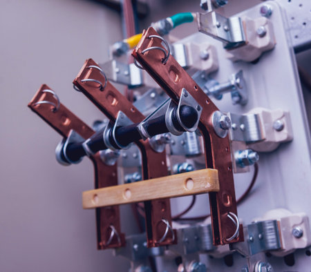 Wires and switches in electric box. Electrical panel with fuses and contactors. Background and...
