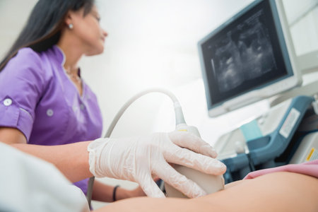 Ultrasound scanner in the hands of a doctor. Diagnostics. Sonography.
