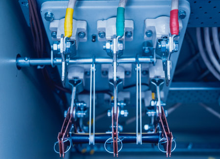 Wires and switches in electric box. Electrical panel with fuses and contactors. Background and...