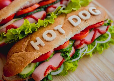 Large hot dog with vegetables on the table.の写真素材
