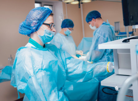 Group of surgeons in operating room with surgery equipment. Background
