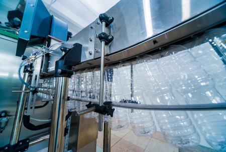 Bottling line of sunflower oil in bottles. Vegetable oil production plant. High technology....
