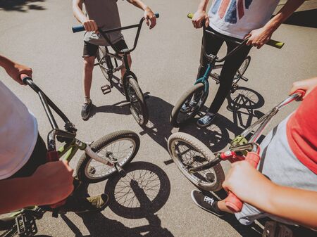 Bmx rider performing tricks at skatepark. Background.の写真素材