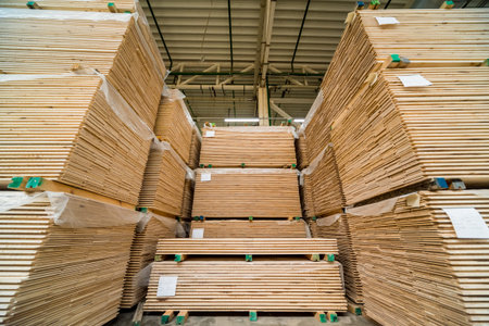 Stack of natural rough wooden boards. Wooden boards, lumber, industrial wood. Industrial timber