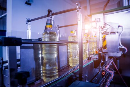 Bottling line of sunflower oil in bottles. Vegetable oil production plantの写真素材