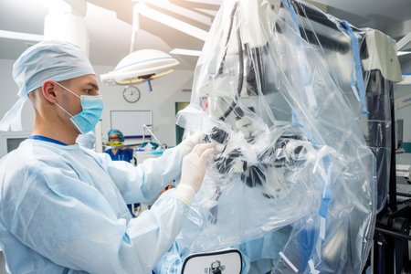 Brain surgery. Group of surgeons in operating room with surgery equipment.
