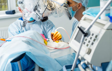 Brain surgery. Group of surgeons in operating room with surgery equipment.