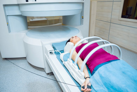 Medical equipment. Patient in MRI room at hospital.