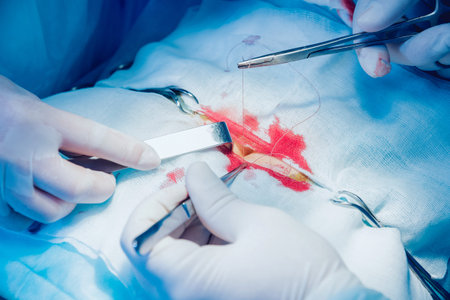 Group of surgeons in operating room with surgery equipment. Background