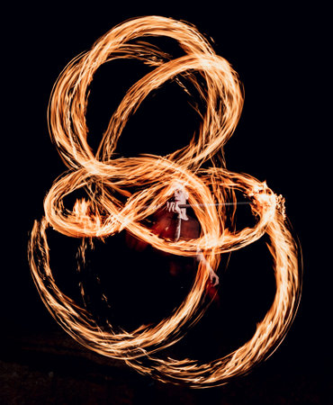 Fire show. Fire performance at the night.