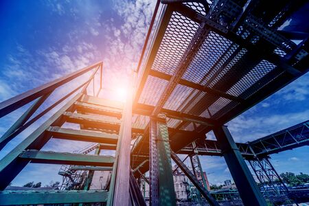 Equipment and pipeline in oil refinery. Industrial background with clear skyの写真素材