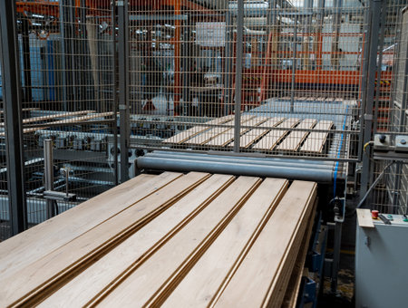 Production line of the wooden floor factory. CNC automatic woodworking machine.の写真素材
