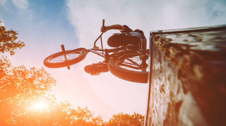 Boy jumping with his bmx in the park. Beautiful background