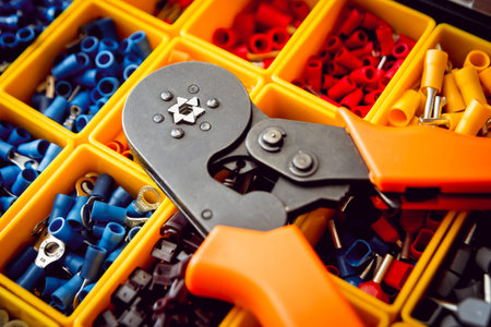 Electrical equipment. Electricity cable and crimper. Background and texture