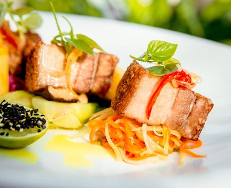 Pieces of meat with vegetables on a white plate. The Restaurantの写真素材