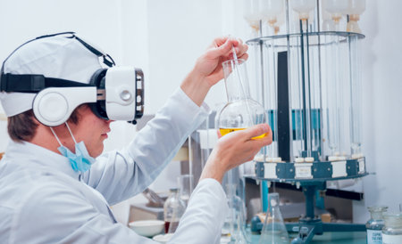 Science technician in virtual reality glasses examines the drug in laboratory. Medical background