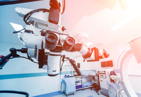 Modern microscope for operations in surgery room at the hospital. Background