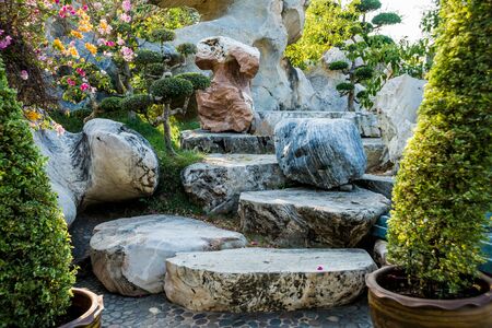 Luxury landscape design of the tropical garden. Beautiful view of landscaped tropical garden.の写真素材