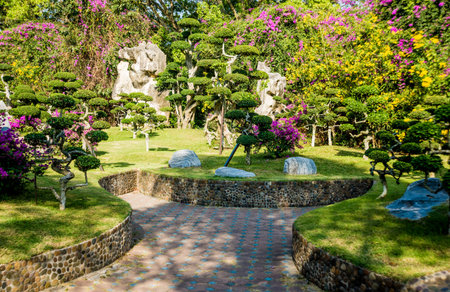 Luxury landscape design of the tropical garden. Beautiful view of landscaped tropical garden.の写真素材
