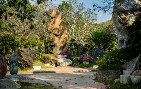 Luxury landscape design of the tropical garden. Beautiful view of landscaped tropical garden.の写真素材
