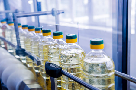 Bottling line of sunflower oil in bottles. Vegetable oil production plant. High technology....