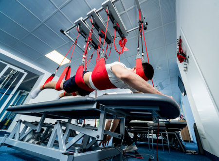 Physiotherapy. Suspension training therapy. Young man doing fitness traction therapy with...