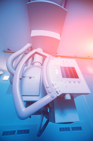 X-ray room in a hospital. Classic ceiling-mounted x-ray system. Medical equipment