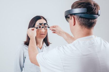 The doctor uses augmented reality glasses in ophthalmology. Modern technologies