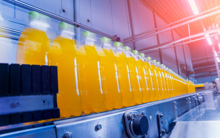 Beverage factory interior. Conveyor with bottles for juice or water. Modern equipments
