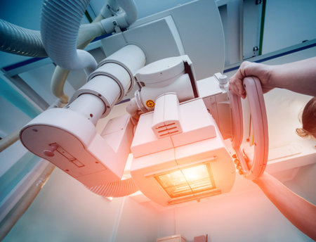 X-ray room in a hospital. Classic ceiling-mounted x-ray system. Medical equipment