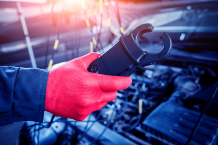 Auto mechanic uses a voltmeter to check the voltage level. Car repair. Service station.