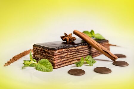Delicious cake with fruits. Restaurant. Light backgroundの写真素材
