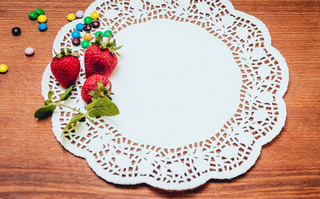 Fresh strawberries wooden table. Light food backgroundの写真素材