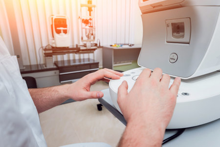 Eye tonometry. Non-contact tonometer. Glaucoma checkup. Modern optometry equipment.
