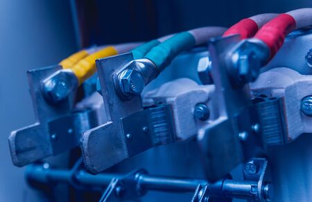 Wires and switches in electric box. Electrical panel with fuses and contactors. Background and textureの写真素材