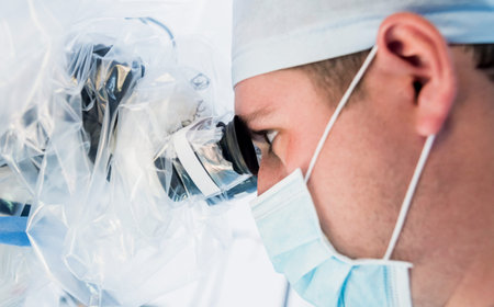Spinal surgery. Group of surgeons in operating room with surgery equipment. Laminectomy. Modern...