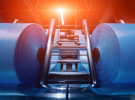 Modern automated production line in factory. Plastic bag manufacturing process. Background