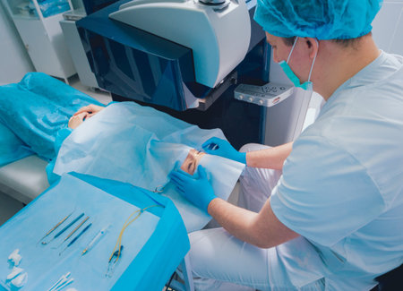 Laser vision correction. A patient and team of surgeons in the operating roomの写真素材