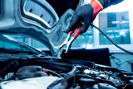 Battery recharging in the service station. Auto repair service