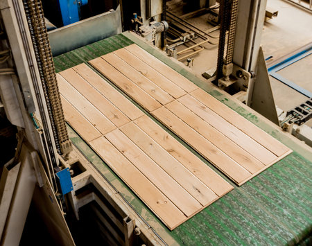 Production line of the wooden floor factory. CNC automatic woodworking machine.の写真素材