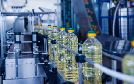 Bottling line of sunflower oil in bottles. Vegetable oil production plant.の写真素材