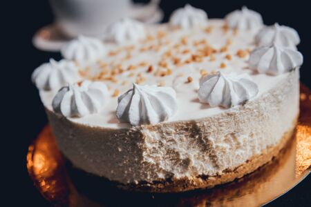 Chocolate cake on dark background. Restaurant backgroundの写真素材