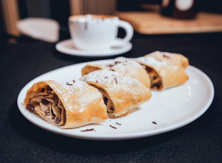 Homemade apple pies decorated with chocolate. Restaurant