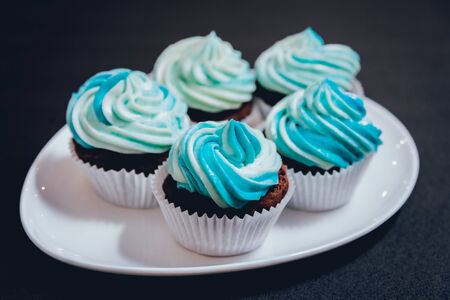 Chocolate caramel cupcake with nuts and butterscotch syrup on the dark backgroundの写真素材