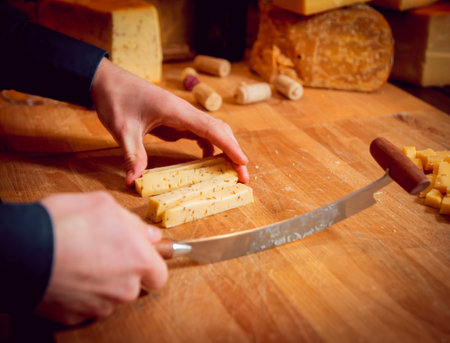Cut with a knife piece of cheese on a dark table.
