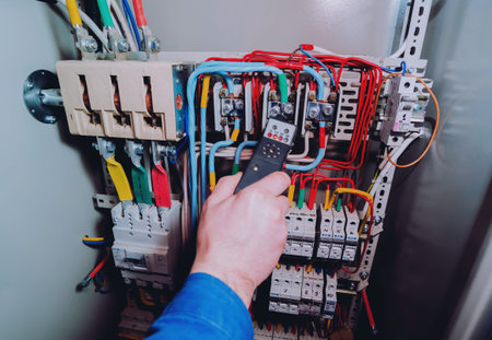 Wires and switches in electric box. Electrical panel with fuses and contactors. Background and...