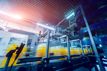 Strapping machine for packaging line. Modern machine for packaging line in factory. Technology and...