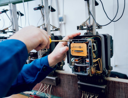 Electrician worker checking electricity meters. Electrical equipment. Background